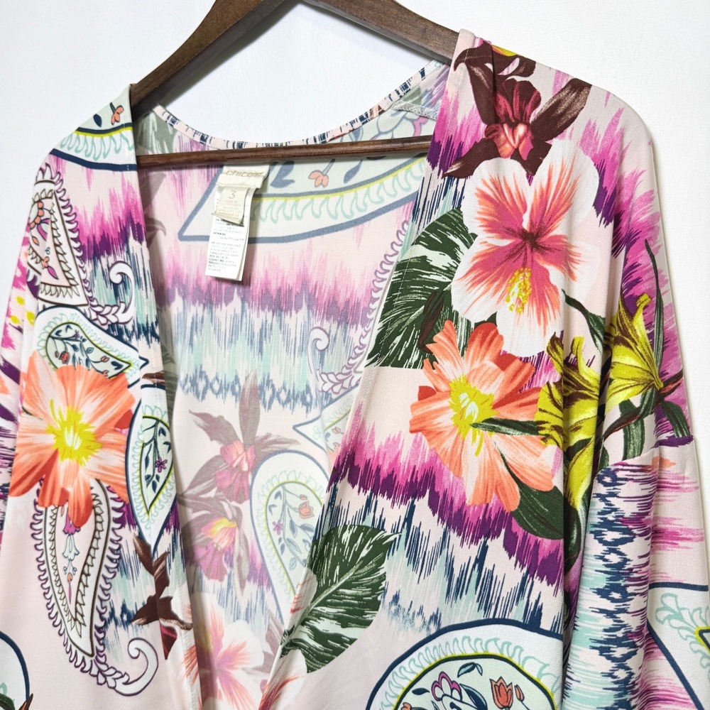 Chicos Tropical Floral Paisley Tie Front Top Pink Multi Size 3 XL 570235465